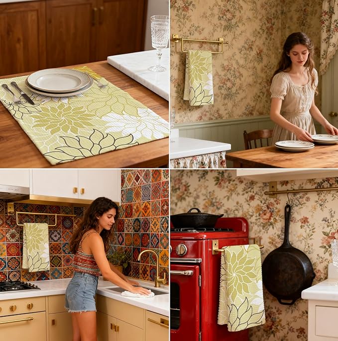 2-Pack Boho Floral Abstract Waffle Towels, Flower Hand Towel for Bathroom Decor, 16x24 Inch Neutral Yellow & Green Flower Dish Tea Towel Decor for Kitchen/Bath/SPA,Gift for Friends.