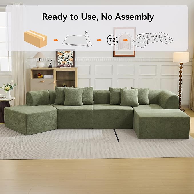140''Oversized Cloud Velvet Curved Sectional Couch, Boneless Couch with L-Shape Chaise, Upholstered Compression Memory Foam Modular Sectional Sofa for Living Room, No Assembly Required, Green