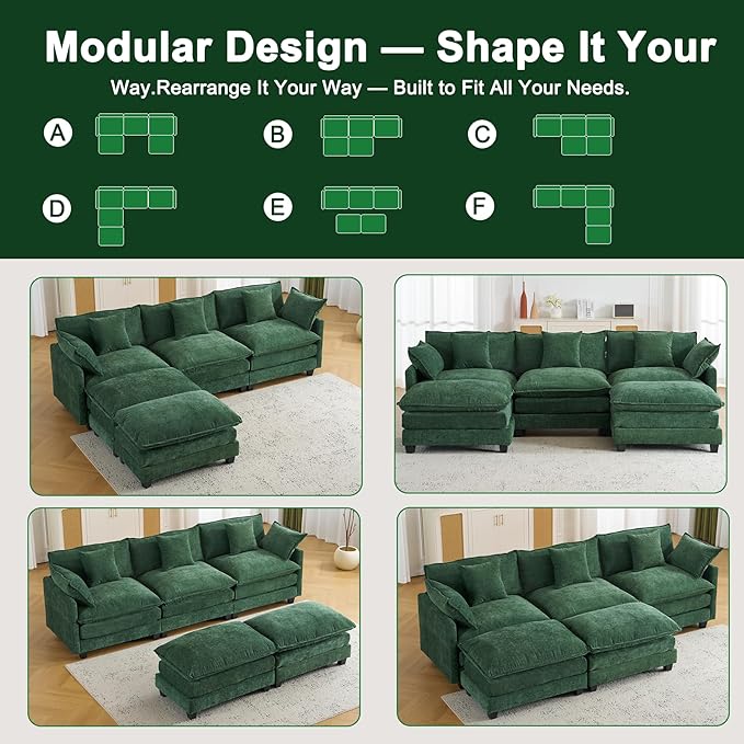 111.4" U Shaped Cloud Couch Sectional with 2 Ottoman｜Modular Chenille Sofa with 29.1" Deep Seat｜FSC Solid Wood Frame｜Easy Assembly & 1YR Guarantee｜for Living Room Bedroom Apartment