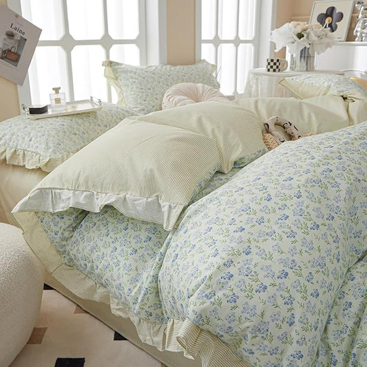 EAVD French Style Garden Floral Ruffled Comforter Set Full White Fluffy Soft Microfiber Chic Blue Floral Bedding Set with 2 Pillowcases Fresh Botanical Comforter Set for All-Season