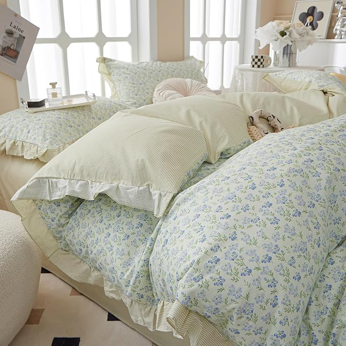 EAVD French Style Garden Floral Ruffled Comforter Set King White Fluffy Soft Microfiber Chic Blue Floral Bedding Set with 2 Pillowcases Fresh Botanical Comforter Set for All-Season