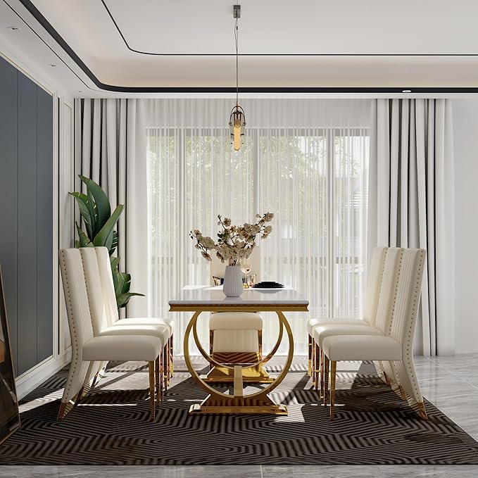 White and Gold Dining Chairs, White Faux Leather Upholstered Dining Chair Set of 4, Glam Nailhead Trim Dining Chairs with Gold Legs