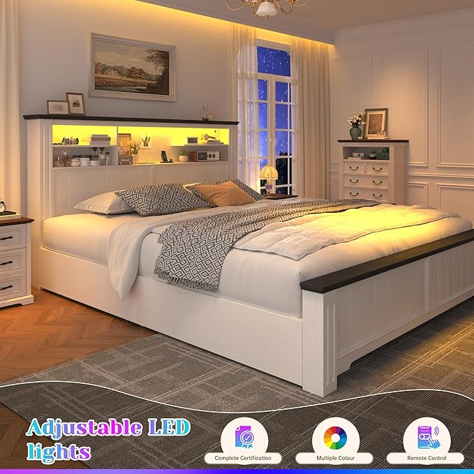 EnHomee Queen Bed Frame with Headboard and Storage, 4 Drawers and LED Built in Charging Station Bed Frame Queen Size with Storage Farmhouse, NO Noise,No Box Spring Needed, White