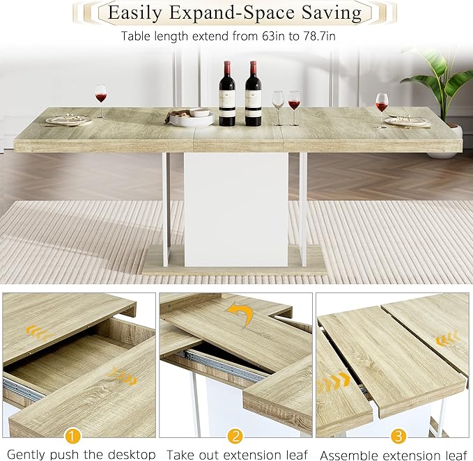 Goujxcy 78.7" Farmhouse Extendable Dining Room Table Set for 8, 9-Piece Rectangle Kitchen Dining Room Table Set with Wood Base and 8 Black Velvet Dining Chairs, Extending Kitchen & Dining Table Set