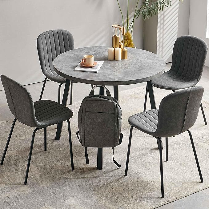 5-Piece Round Table Set for 4, 37.4" Grey Round Table with Hooks, Solid MDF Tabletop, Industrial Kitchen Table with Dark Grey PU Dining Chairs for Living Room, Dining Room