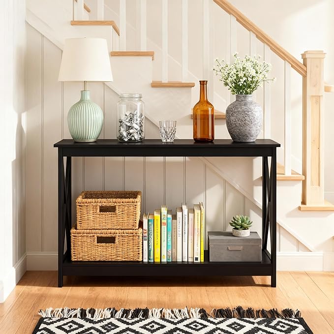 SUPER DEAL Console Table 47”, 2-Tier Narrow Sofa Side Table with Storage Shelf, Entrance Table for Hallway/Foyer/Living Room/Corridor/Office, Black