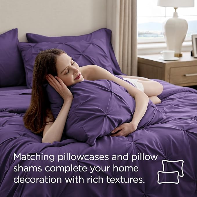 Bedsure Queen Comforter Set Purple - Bed in a Bag Queen Size Bedding 7 Pieces, GentleSoft™ Pintuck Bed Set Gift for Family, Pinch Pleat All Season Comforter with Sheets, Pillowcases & Shams