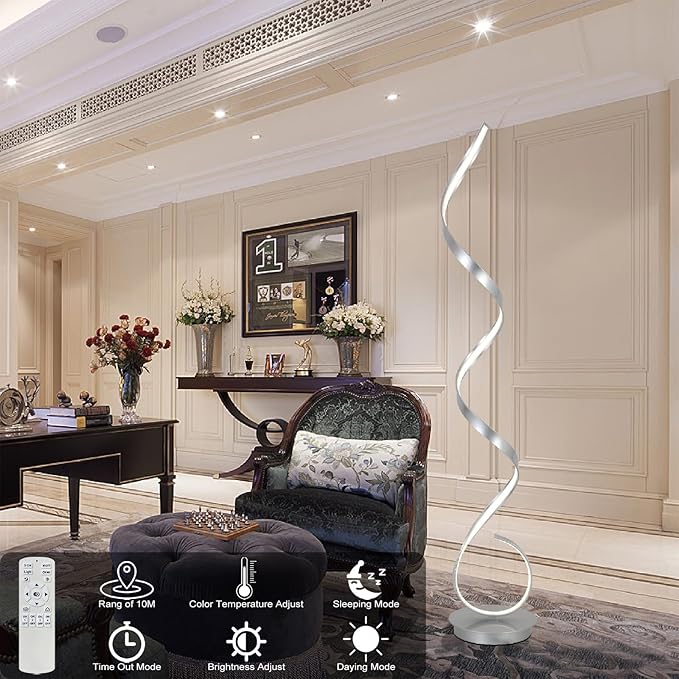 57" Modern Silver Floor Lamp,Simple Desin Shape Lamp,3 Color Light,Foot Step Switch Spriral,Floor Light with Remote for Living Room,Bedroom,Dining Room(Silver)