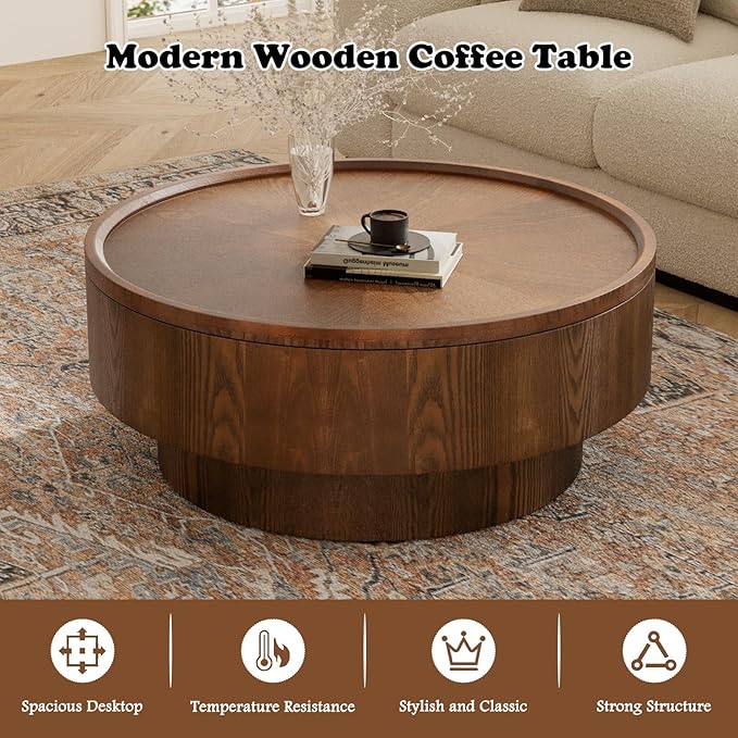 Round Coffee Table with Storage 30.7" Modern Luxury Wood Center Table Circle Drum Coffee Table Small Accent Side Table for Living Room Apartment, Small Space (Round Brown)