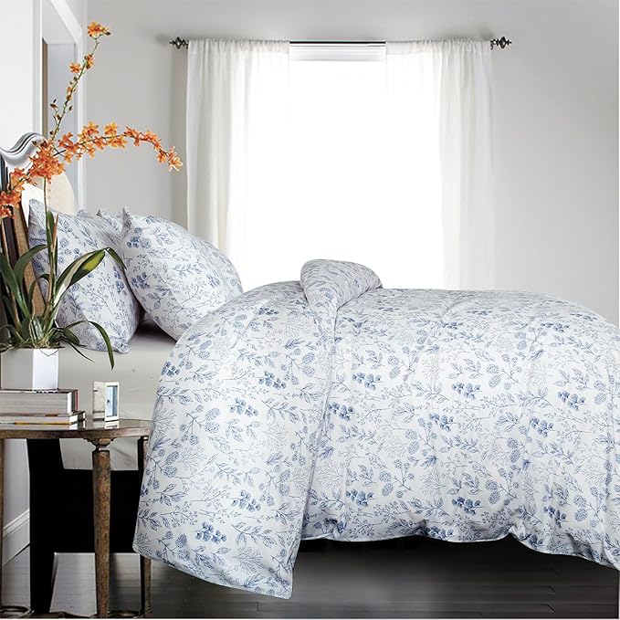Floral Comforter Set - 3 Pieces Soft Cute Bedding Comforter and 2 Pillowcases Garden Style Blue Flower Print Botanical Comforter Full for All Seasons
