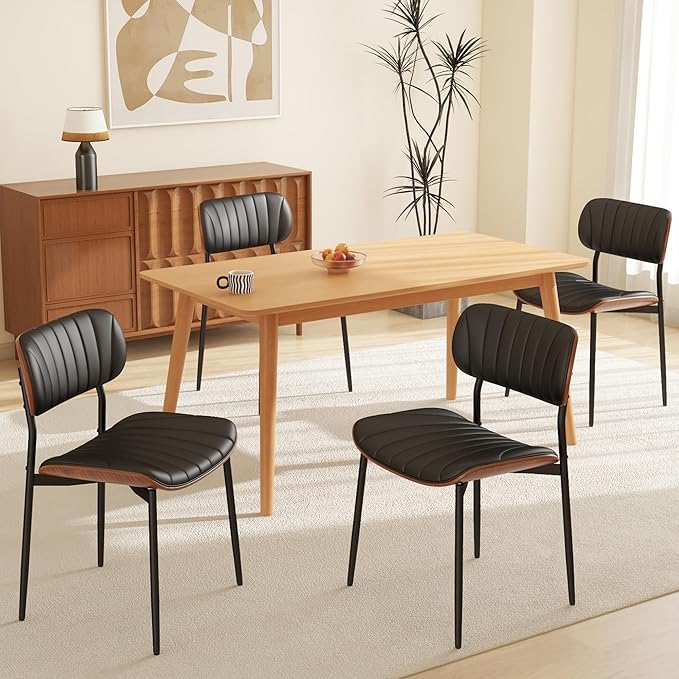 Modern PU Leather Dining Room Chairs Set of 4, Upholstered Kitchen Chairs with Walnut Bentwood Back and Metal Legs Adjustable Feet for Kitchen Dining Room(Balck)
