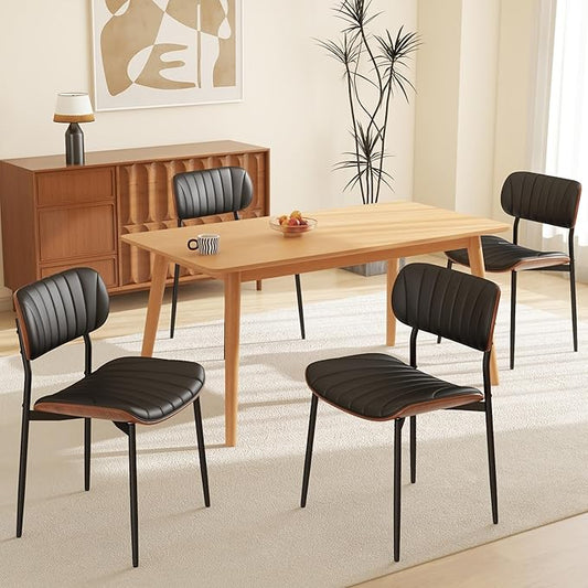 Modern PU Leather Dining Room Chairs Set of 4, Upholstered Kitchen Chairs with Walnut Bentwood Back and Metal Legs Adjustable Feet for Kitchen Dining Room(Balck)