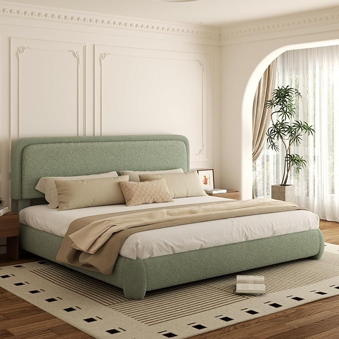 King Bed Frame, Teddy Velvet Boucle Bed Frame with 43.3"/45.3" Adjustable Upholstered Headboard, Rounded Corners, Mattress Foundation, No Box Spring Required, Green