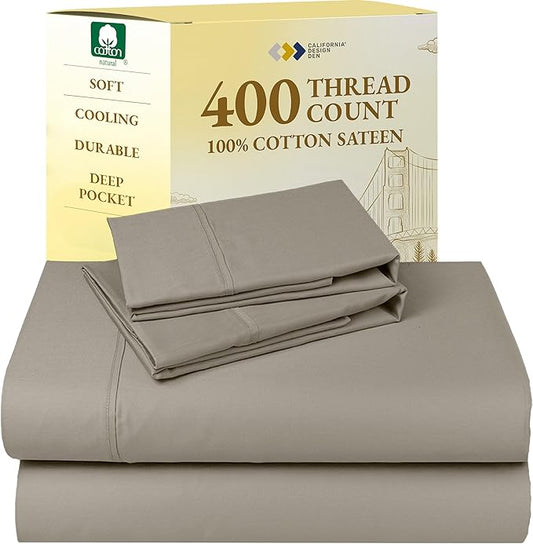 California Design Den California King Sheet Sets - Soft 400 Thread Count Sateen, 100% Cotton Sheets with Deep Pockets, Breathable, Cooling and Durable Bedding Set - Taupe