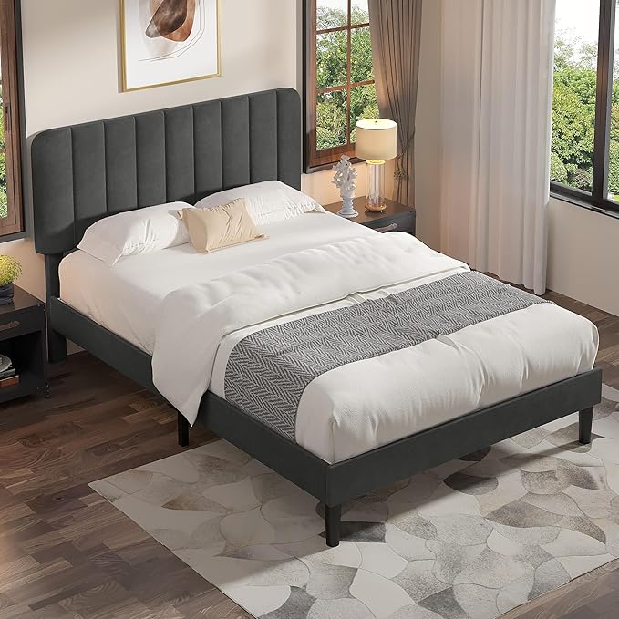 VECELO Queen Size Bed Frame with Upholstered Headboard, Velvet Platform Bedframe Mattress Foundation, Strong Wood Slat Support, No Box Spring Needed,Grey