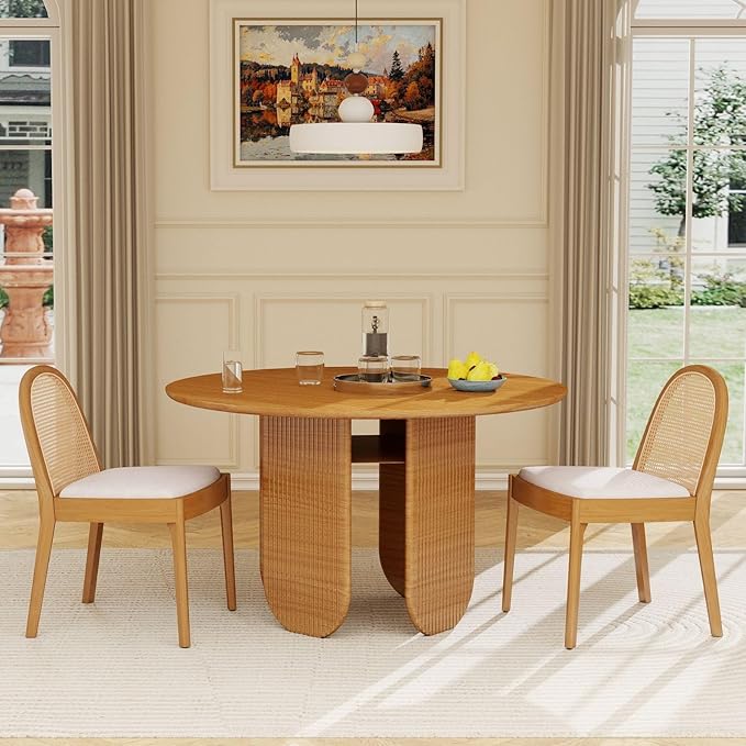 LukeAlon Linen Dining Chairs Set of 4, Natural Woven Cane Back with Solid Wood Legs Mid Century Side Chairs for Kitchen Living Room, Beige