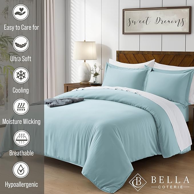 Bella Coterie Luxury Bamboo Viscose California King Size Duvet Cover Set | 100% Organically Grown | Corner Ties | Ultra Soft | Cooling | Two Pillow Shams | 106 x 94 | No Insert [Coastal Blue]