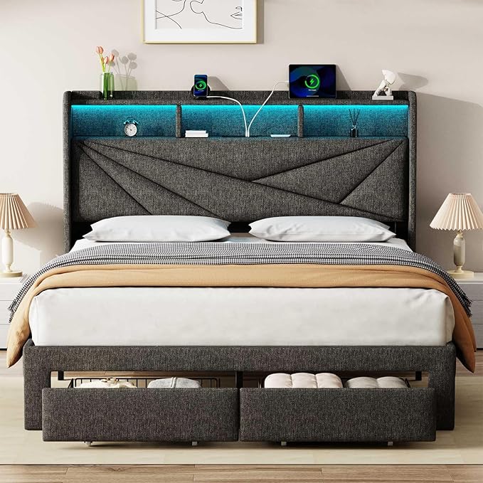 LED Full Size Bed Frame with 2 Storage Drawers, Upholstered Full Bed Frame with Headboard and Charging Station, No Box Spring Needed, Easy to Assembly-Dark Grey