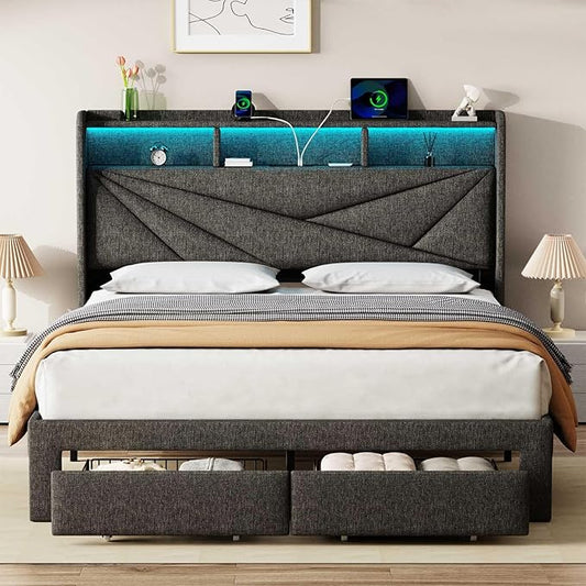 LED Full Size Bed Frame with 2 Storage Drawers, Upholstered Full Bed Frame with Headboard and Charging Station, No Box Spring Needed, Easy to Assembly-Dark Grey