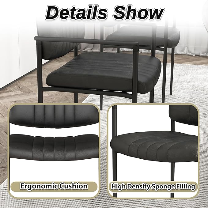 Mid-Century Modern PU Leather Dining Chairs Set of 4, Upholstered Kitchen Chairs with Arms and Metal Legs Adjustable Feet for Kitchen Dining Room(Black)