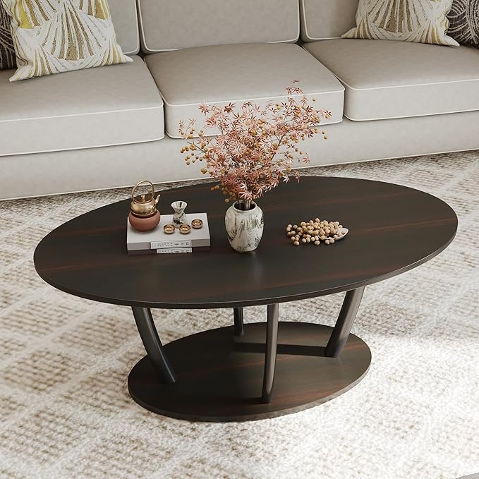 Manora Rustic Small Oval Coffee Table for Living Room, Narrow Wood Center Table with Shelf, Retro Style Coffee Table with Curved Metal Legs, Stable and Easy Assembly, Black Brown