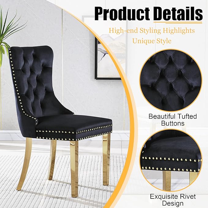 5 Piece Glass Dining Table Set, 35" Square Tempered Glass Kitchen Table with 4 Black Velvet Upholstered Chairs, Dining Chairs Set of 4 for Kitchen, Living Room (Black, Gold)