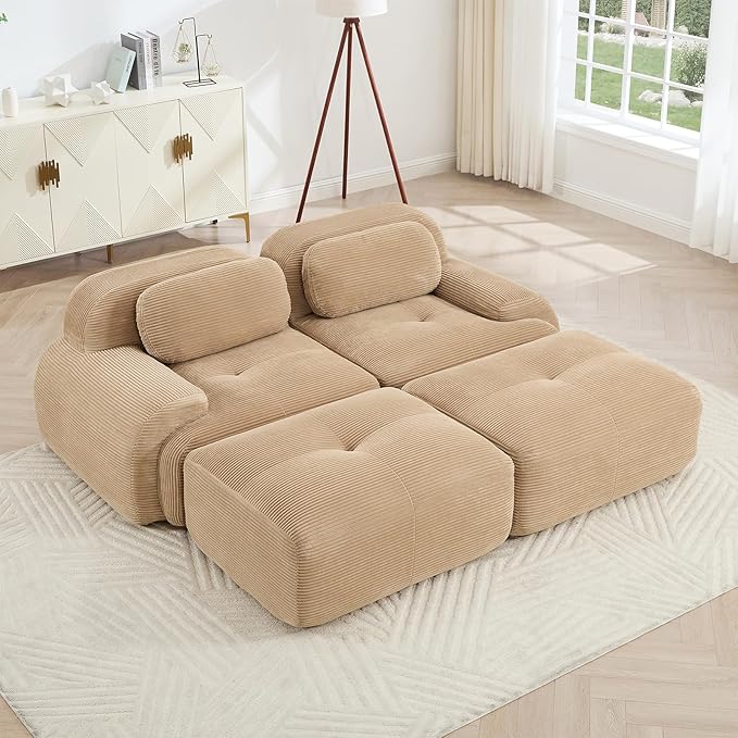 Camel Ottoman for Modular Sectional Sofa, Corduroy Deep Seat for Oversized Compressed Boneless Sectional Couches for Living Room Bedroom Apartment, Cloud Sofa Couch, Memory Foam, No Assembly