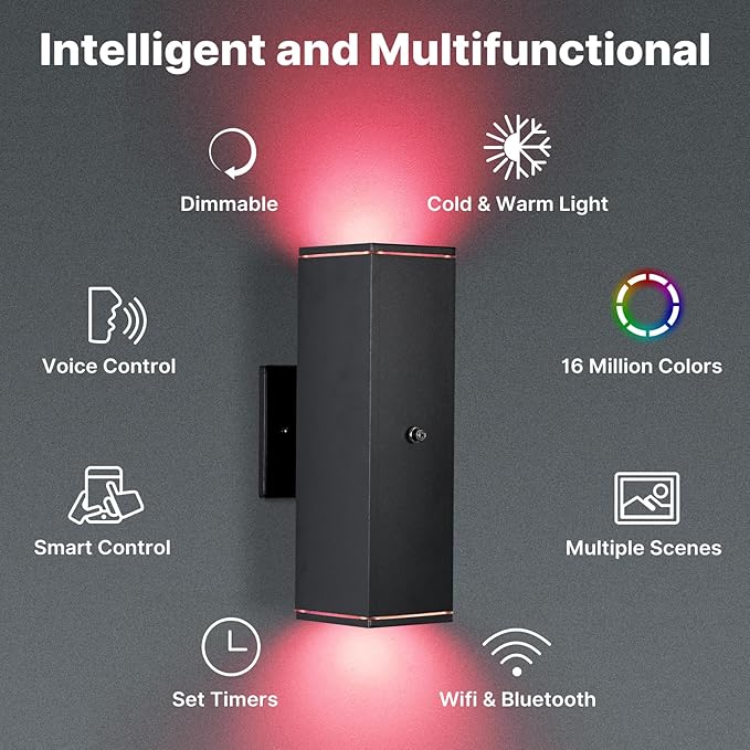 Outdoor Wall Lights 1 Pack, RGBCW Exterior Lighting Sconce,2700K-6500K Dimmable Smart Porch Lights Outdoor for House Patio Garage, Compatible with Alexa/Google Assistant, Bulb Included