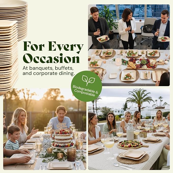 Chic Leaf Palm Leaf Bamboo Disposable Plates, 8" Round Eco Serveware for Weddings, Events & Appetizers Christmas Meal Dinner Turkey – Biodegradable & Compostable Wedding Party Supply - 50 Pack