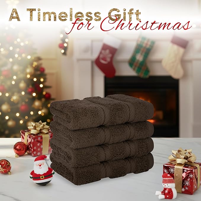 American Soft Linen Luxury Washcloths for Bathroom, 600 GSM 100% Cotton 4 Piece Turkish Wash Cloth Set, 13x13 in Soft Rags for Body and Face, Brown Washcloths