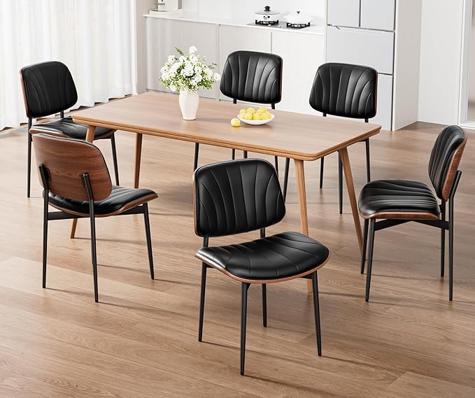 Dining Chairs Set of 2, Mid-Century Modern Upholstered PU Leather Chairs with Walnut Bentwood Back and Metal Legs Adjustable Feet for Kitchen, Black Shell Strips