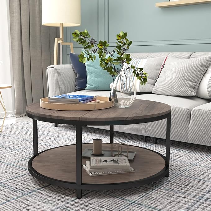 NSdirect Round Coffee Table, 36” Coffee Table for Living Room, 2-Tier Wood Desktop & Sturdy Metal Legs Table Home Furniture with Storage Shelf (Walnut)