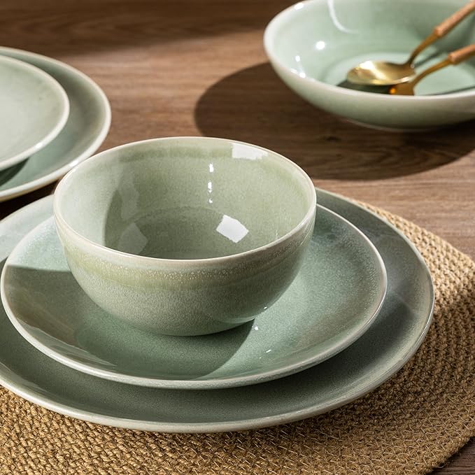 AmorArc Ceramic Dinnerware Sets for 6, 18 Pieces Handpainted Plates and Bowls Set, Scratch Resistant Stoneware Dishes Set, Dishwasher & Microwave Safe, Olive Green