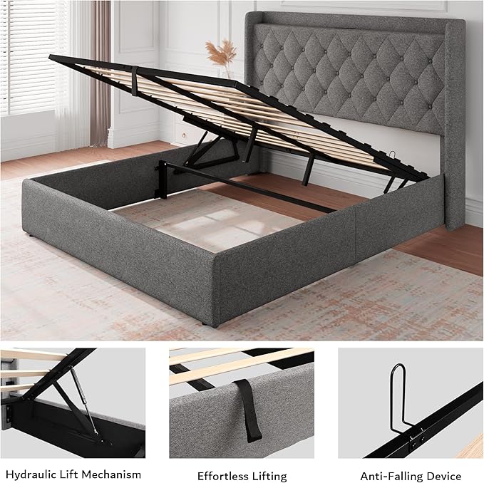iPormis Full Size Lift Up Storage Bed Frame with Charging Station, Upholstered Platform Bed Frame with Tufted Headboard, Hydraulic Storage, No Box Spring Needed, Noise-Free, Easy Assembly, Light Grey