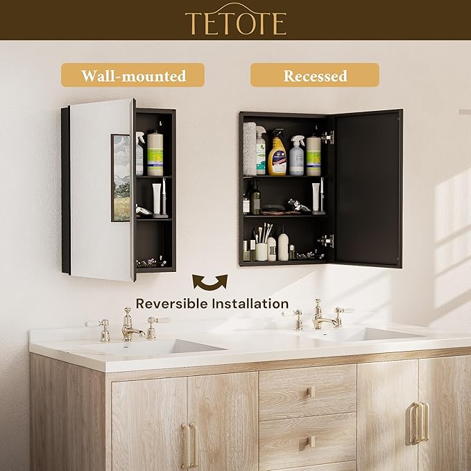 TETOTE 48 x 32 Bathroom Vanity Mirror Cabinet with Tempered Beveled Mirror Black Medicine Cabinet Aluminum Cabinet DTC Hinges, Stepless Adjustable Shelves, Recessed/Surface-Mounted