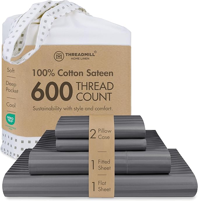 Threadmill 100% Cotton Sheets for Full Size Bed - 600 Thread Count Full Bed Sheets Set with 16” Deep Pocket - Damask Stripe Sateen Weave 4-Piece Bedding Set with Cooling Effect, Dark Grey