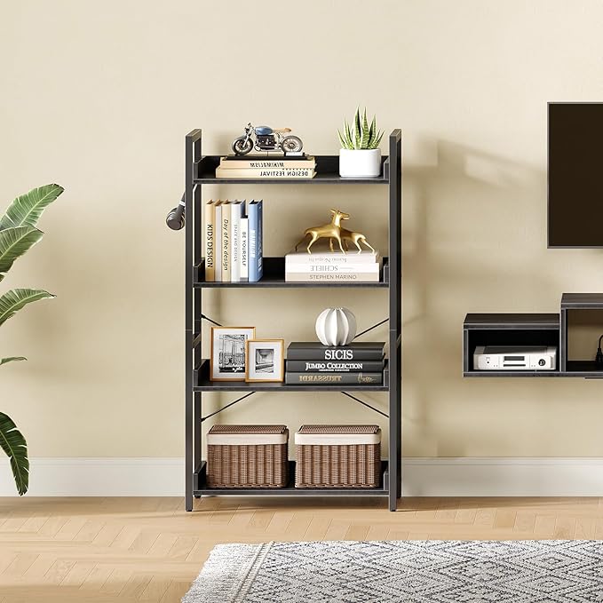Rolanstar Bookshelf 4 Tier with 4 Hooks, Industrial Wood Bookcase, Vintage Storage Rack with Open Shelves, Rustic Standing Bookshelves Metal Frame Display Rack for Living Room, Bedroom, Black