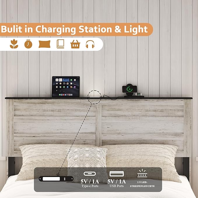 Wooden Bed Frame Queen Size with Headboard & Sliding Barn Door Storage Footboard, Farmhouse Platform Bedframe with Charging Station, No Box Spring Needed (Boho White, Queen)