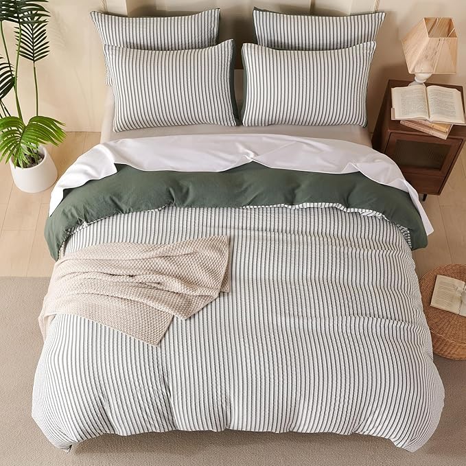 Comforter Set King Size Green Soft Luxury Washed Microfiber Jacquard 3 Pieces Bedding Set, White Green Vertical Ticking Stripes Pattern Comforter with 2 Pillowcases Breathable Durable Comfy