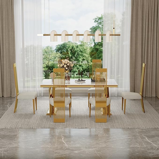 Modern Dining Chairs Set of 6, White Sponge Dining Room Chairs with Brushed Gold Stainless Steel Legs, Upholstered Chairs with High Back and Metal Legs for Living Room/Kitchen/Restaurant