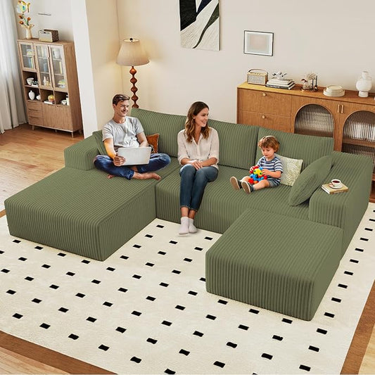 96" U-Shape Cloud Couch, Modern Modular Sectional L-Shape Sofa with Ottoman, Corduroy Upholstered Couches Deep Seat Sleeper Chaise Longue for Living Room, No Assembly Required(Green, Left Facing)