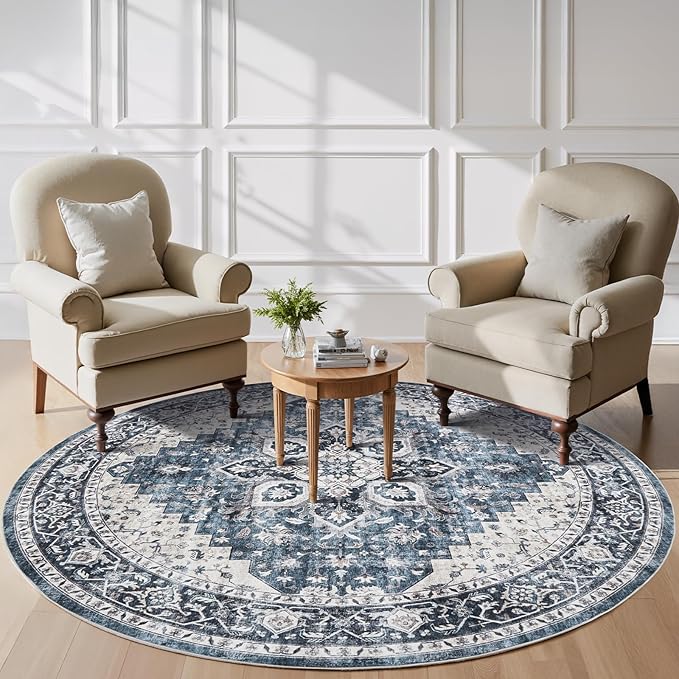 AMADA HOMEFURNISHING 8ft Round Area Rug, Low-Profile Washable 8x8 Rugs with Non-Slip Backing & Durable Edge Binding, Vintage Rug for Kitchen, Bedroom & Hallway, Blue