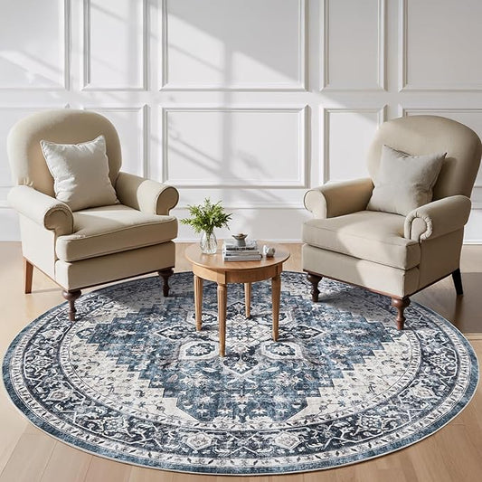 AMADA HOMEFURNISHING 8ft Round Area Rug, Low-Profile Washable 8x8 Rugs with Non-Slip Backing & Durable Edge Binding, Vintage Rug for Kitchen, Bedroom & Hallway, Blue