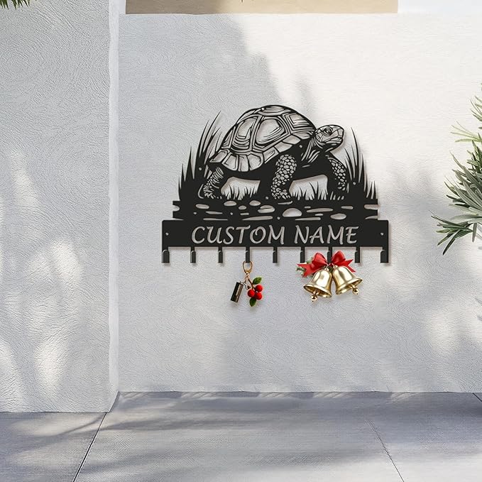 Custom Tortoise Metal Key Holder for Wall, Personalized Family Name Metal Sign with Hooks, Entryway Coat Rack and Organizer for Keys, Leashes, Hats (Style-4)