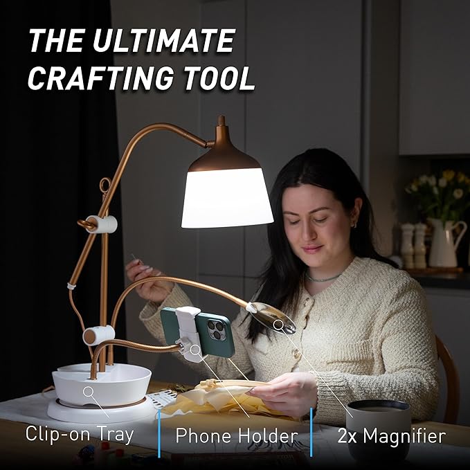 Anita Table Lamp - Daylight Crafting Lamp with Dimmer Switch, 3 Color Modes, 6000 Kelvin, Extendable Arm & Magnifying Lens for Quilting, Stitching, Arts & Crafts