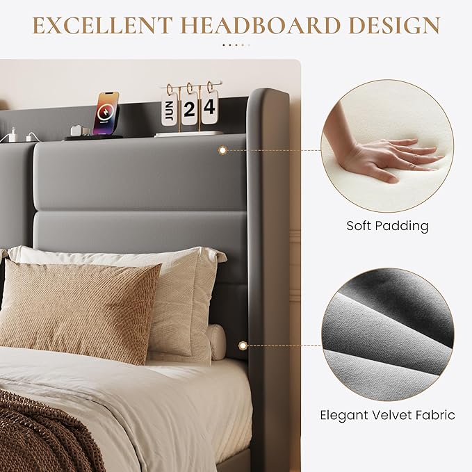 SHA CERLIN Full Size Bed Frame with Charging Station & Storage Headboard, Velvet Platform Bed with Upholstered Modern Wingback Design, Wooden Slats Support, No Box Spring Needed, Easy Assembly, Grey