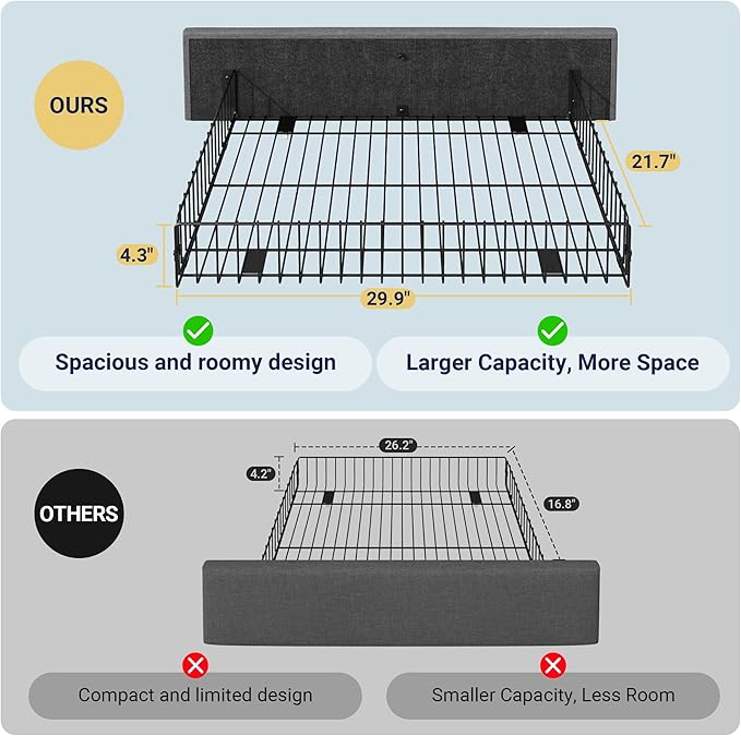 Allewie Upholstered King Size Platform Bed Frame with 4 Storage Drawers and Headboard, Square Stitched Button Tufted, Mattress Foundation with Wooden Slats Support, No Box Spring Needed, Light Grey