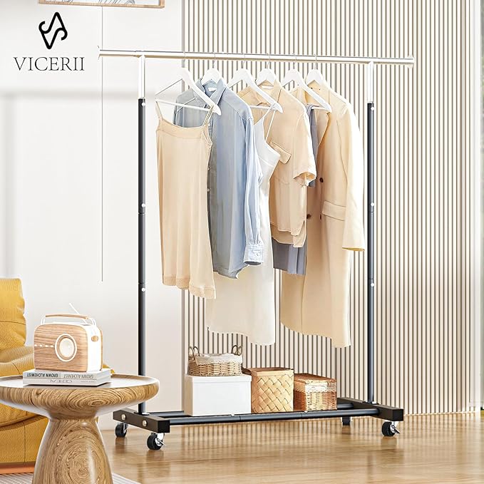 Clothing Rack, 55.51 Inch Heavy Duty Clothes Rack Rolling Garment Rack with Wheels and Bottom Shelf, 130LB Capacity Clothes Racks for Hanging Clothes, Coats, Shirts, Sweaters, Skirts, Black