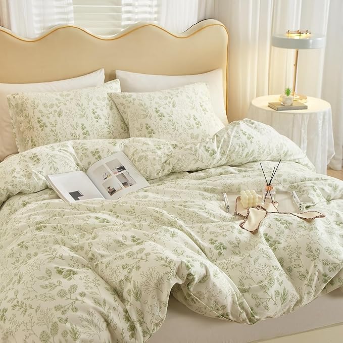 Vintage Boho Floral Duvet Cover King White Green Floral Print Bedding Set Cotton Botanical Floral Comforter Cover Garden Flowers Aesthetic Bedding Cover Boho Style King Duvet Cover with Zipper Closure