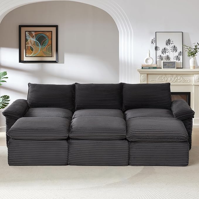 111" Cloud Sectional Couch, Corduroy Sectional Sofa with Ottoman, Boneless Couch with Deep Seat in a Box for Living Room, No Assembly Required (Dark Grey)